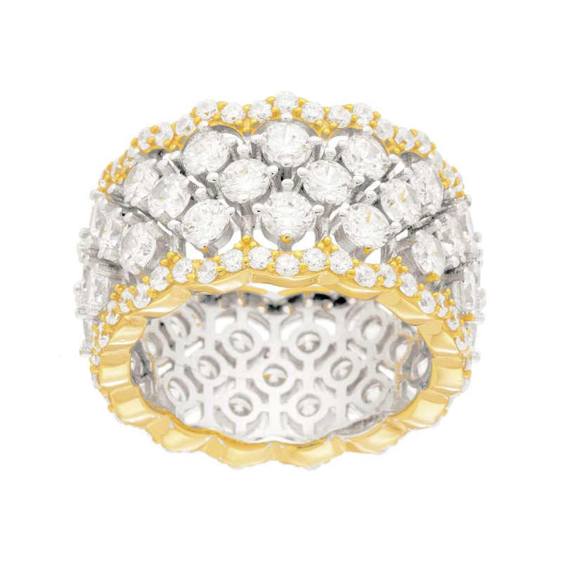 ANELLO FASCIA NIDO D'APE CON CUBIC ZIRCONIA BIANCHI IN ARGENTO 925 GALVANICA RODIO E ORO