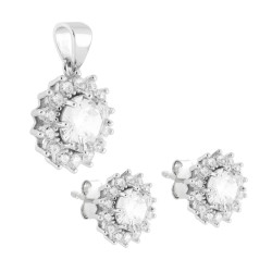 PARURE SET ORECCHINI E CIONDOLO TONDO CUBIC ZIRCONIA BIANCO CONTORNATO DA CUBIC ZIRCONIA BIANCHI IN ARGENTO 925 GALVANICA RODIO