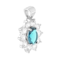 CIONDOLO OVALE CON CUBIC ZIRCONIA ACQUAMARINA CONTORNATO DA CUBIC ZIRCONIA BIANCHI IN ARGENTO 925 GALVANICA RODIO