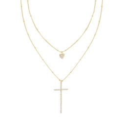 COLLANA DUE FILI CATENA GRUMETTA DIAMANTATA CON CUORE E CROCE PENDENTI CON CUBIC ZIRCONIA BIANCHI IN ARGENTO 925 GALVANICA ORO