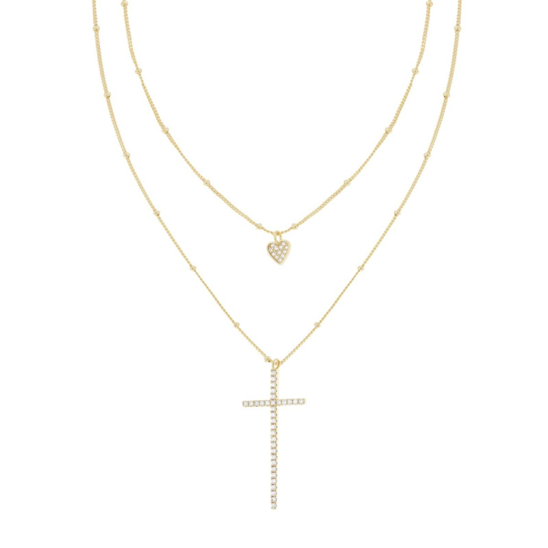COLLANA DUE FILI CATENA GRUMETTA DIAMANTATA CON CUORE E CROCE PENDENTI CON CUBIC ZIRCONIA BIANCHI IN ARGENTO 925 GALVANICA ORO