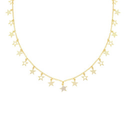 COLLANA CATENA FORZATINA DIAMANTATA CON STELLE PENDENTI PLAIN E CUBIC ZIRCONIA BIANCHI IN ARGENTO 925 GALVANICA ORO