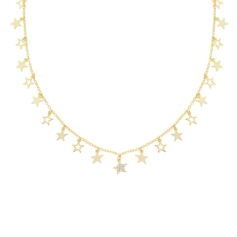 COLLANA CATENA FORZATINA DIAMANTATA CON STELLE PENDENTI PLAIN E CUBIC ZIRCONIA BIANCHI IN ARGENTO 925 GALVANICA ORO