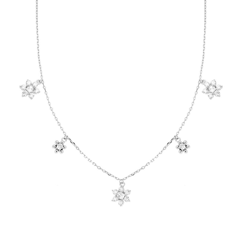 COLLANA CATENA FORZATINA DIAMANTATA CON FIORI PENDENTI E CUBIC ZIRCONIA BIANCHI IN ARGENTO 925 GALVANICA RODIO