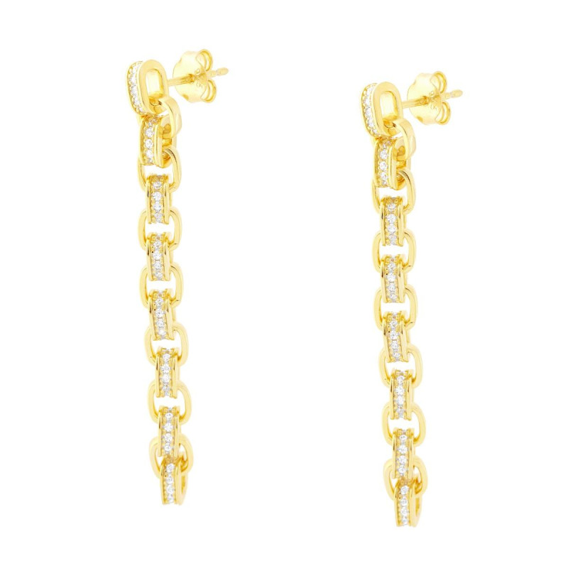 ORECCHINI LUNGHI CATENA FORZATINA RETTANGOLARE CON CUBIC ZIRCONIA BIANCHI IN ARGENTO 925 GALVANICA ORO