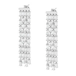 ORECCHINI LUNGHI PENDENTI CHANDELIER CON CUBIC ZIRCONIA BIANCHI TAGLIO BAGUETTE IN ARGENTO 925 GALVANICA RODIO