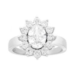 ANELLO HALO SOLITARIO OVALE CON CUBIC ZIRCONIA BIANCO CONTORNATO DA CUBIC ZIRCONIA BIANCHI IN ARGENTO 925 GALVANICA RODIO