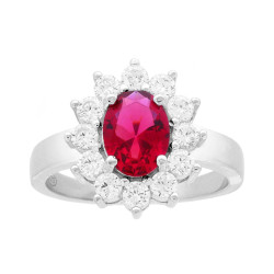 ANELLO HALO SOLITARIO OVALE CON CUBIC ZIRCONIA ROSSO RUBINO CONTORNATO DA CUBIC ZIRCONIA BIANCHI IN ARGENTO 925 GALVANICA RODIO