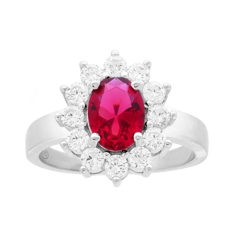 ANELLO HALO SOLITARIO OVALE CON CUBIC ZIRCONIA ROSSO RUBINO CONTORNATO DA CUBIC ZIRCONIA BIANCHI IN ARGENTO 925 GALVANICA RODIO
