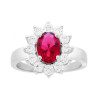 ANELLO HALO SOLITARIO OVALE CON CUBIC ZIRCONIA ROSSO RUBINO CONTORNATO DA CUBIC ZIRCONIA BIANCHI IN ARGENTO 925 GALVANICA RODIO