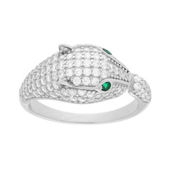 ANELLO TESTA PANTERA CON CUBIC ZIRCONIA BIANCHI E VERDE SMERALDO IN ARGENTO 925 GALVANICA RODIO