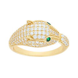 ANELLO TESTA PANTERA CON CUBIC ZIRCONIA BIANCHI E VERDE SMERALDO IN ARGENTO 925 GALVANICA ORO