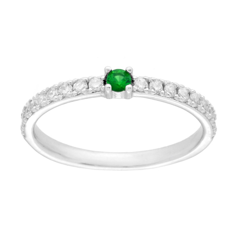 ANELLO SOLITARIO CON CUBIC ZIRCONIA VERDE SMERALDO CENTRALE E BIANCHI IN ARGENTO 925 GALVANICA RODIO