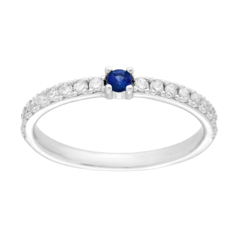 ANELLO SOLITARIO CON CUBIC ZIRCONIA BLU ZAFFIRO CENTRALE E BIANCHI IN ARGENTO 925 GALVANICA RODIO