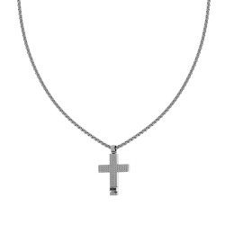 COLLANA CATENA VENEZIANA TONDA CON CROCE QUADRETTATA PENDENTE E CRYSTAL NERI IN ACCIAIO