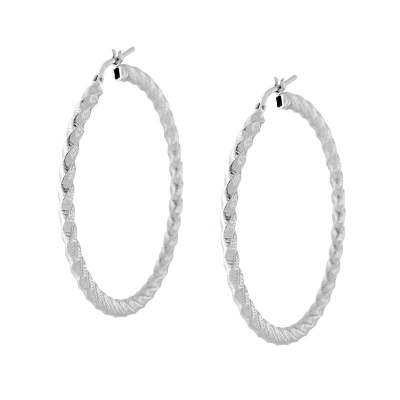 ORECCHINI CERCHIO TORCHON DIAMANTATO MM 45 SEZIONE CANNA MM 2 X 3 IN ARGENTO 925 GALVANICA RODIO