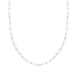 COLLANA CATENA GRUMETTA ALLUNGATA DIAMANTATE CON PERLA VETRO PERLATO IN ARGENTO 925 GALVANICA RODIO