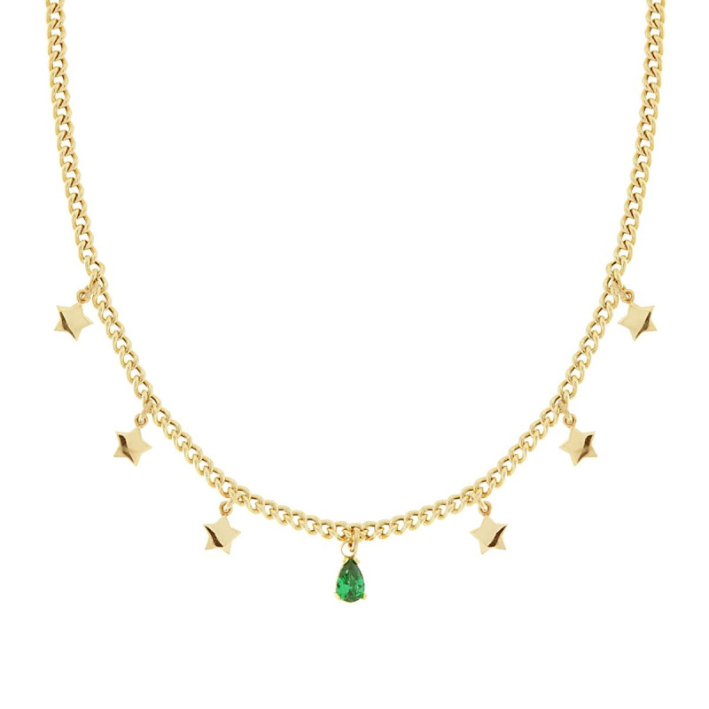 COLLANA CATENA GRUMETTA CON STELLE E GOCCIA CUBIC ZIRCONIA VERDE SMERALDO PENDENTI IN ARGENTO 925 GALVANICA ORO
