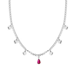 COLLANA CATENA GRUMETTA CON CUORI E GOCCIA CUBIC ZIRCONIA ROSSO RUBINO PENDENTI IN ARGENTO 925 GALVANICA RODIO