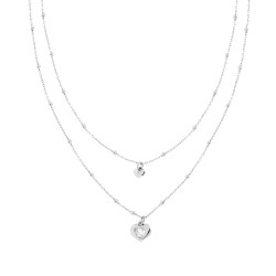 COLLANA DUE FILI CATENA FORZATINA DIAMANTATA CON PALLINE LISCE E CUORI PENDENTI CON CUBIC ZIRCONIA BIANCO IN ARGENTO 925 GALVANI