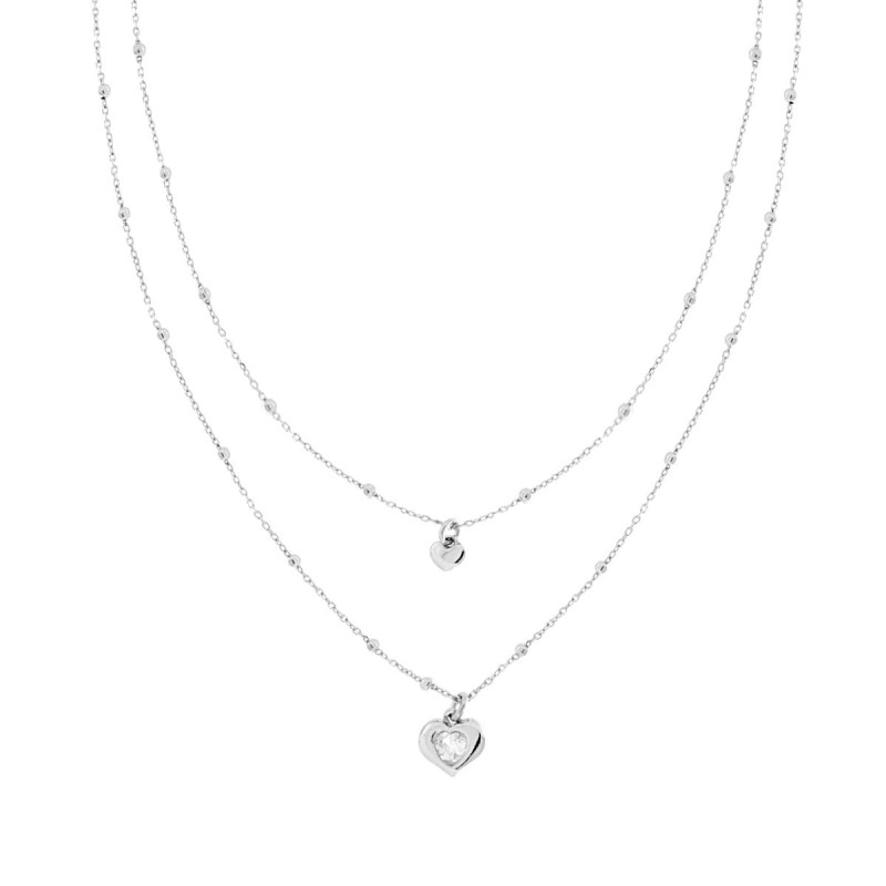 COLLANA DUE FILI CATENA FORZATINA DIAMANTATA CON PALLINE LISCE E CUORI PENDENTI CON CUBIC ZIRCONIA BIANCO IN ARGENTO 925 GALVANI