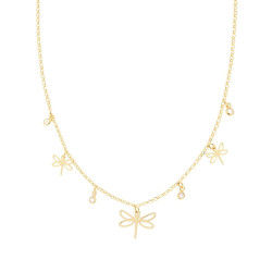 COLLANA CATENA ROLO DIAMANTATA CON LIBELLULE E CUBIC ZIRCONIA BIANCHI PENDENTI IN ARGENTO 925 GALVANICA ORO