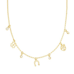 COLLANA CATENA ROLO DIAMANTATA CON COCCINELLA FERRO DI CAVALLO QUADRIFOGLIO PORTAFORTUNA E CUBIC ZIRCONIA BIANCHI PENDENTI IN AR