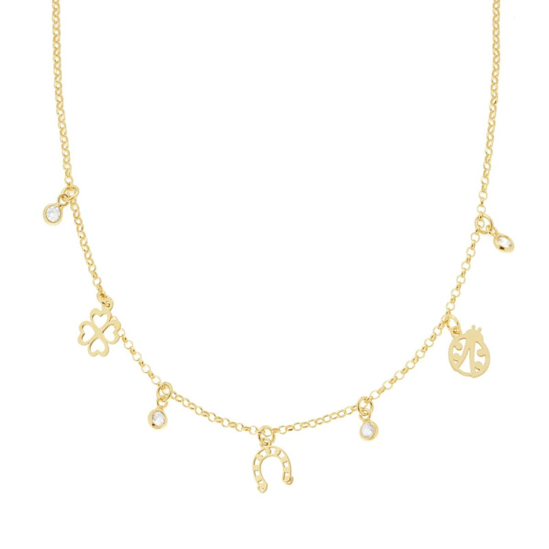 COLLANA CATENA ROLO DIAMANTATA CON COCCINELLA FERRO DI CAVALLO QUADRIFOGLIO PORTAFORTUNA E CUBIC ZIRCONIA BIANCHI PENDENTI IN AR