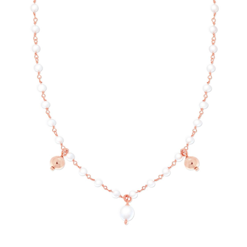 COLLANA CATENA CON PERLE VETRO PERLATO E PALLINE PENDENTI IN ARGENTO 925 GALVANICA ROSA