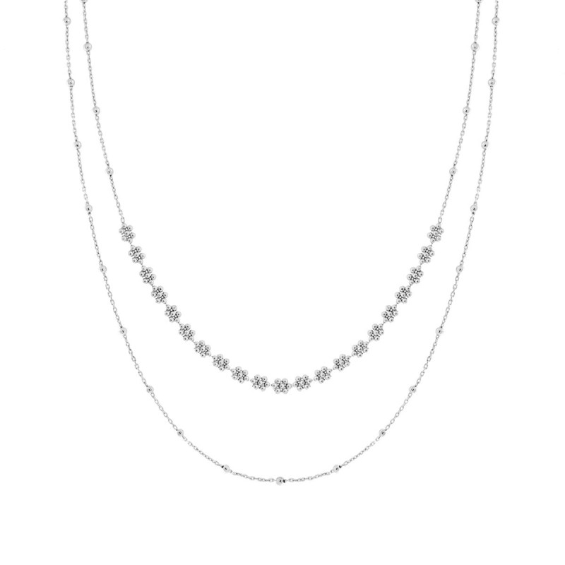 COLLANA DUE FILI CATENA FORZATINA DIAMANTATA E PALLINE LISCE FIORI IN ARGENTO 925 GALVANICA RODIO