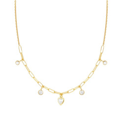 COLLANA CATENA ROLO DIAMANTATA CON CUORE E TONDI CUBIC ZIRCONIA BIANCHI PENDENTI IN ARGENTO 925 GALVANICA ORO
