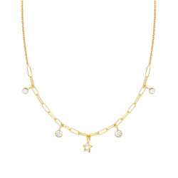 COLLANA CATENA ROLO DIAMANTATA CON STELLE E TONDI CUBIC ZIRCONIA BIANCHI PENDENTI IN ARGENTO 925 GALVANICA ORO