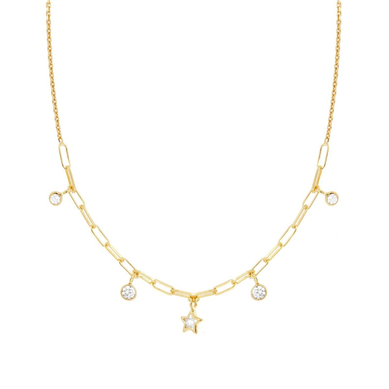 COLLANA CATENA ROLO DIAMANTATA CON STELLE E TONDI CUBIC ZIRCONIA BIANCHI PENDENTI IN ARGENTO 925 GALVANICA ORO