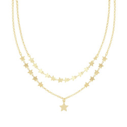 COLLANA DUE FILI CATENA ROLO CON STELLE DIAMANTATE E LISCE IN ARGENTO 925 GALVANICA ORO