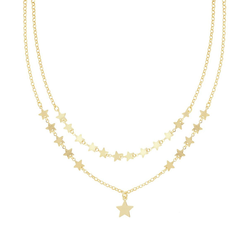 COLLANA DUE FILI CATENA ROLO CON STELLE DIAMANTATE E LISCE IN ARGENTO 925 GALVANICA ORO
