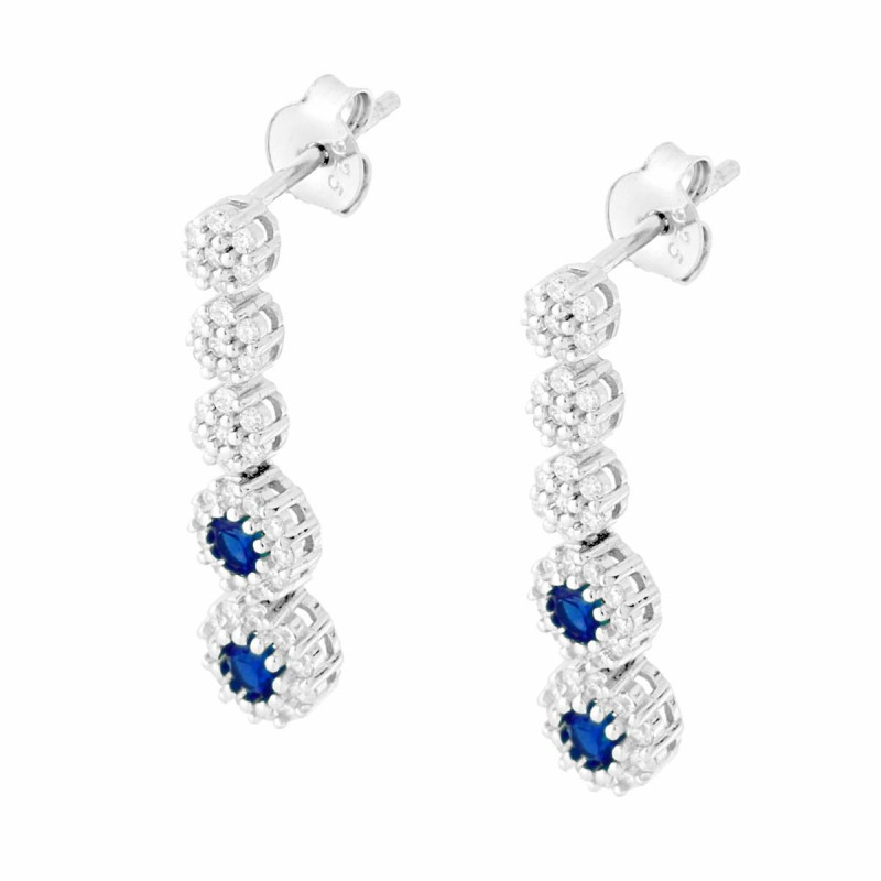 ORECCHINI TENNIS FIORI CON TONDI BLU ZAFFIRO CONTORNATI DA CUBIC ZIRCONIA BIANCHI IN ARGENTO 925 GALVANICA RODIO