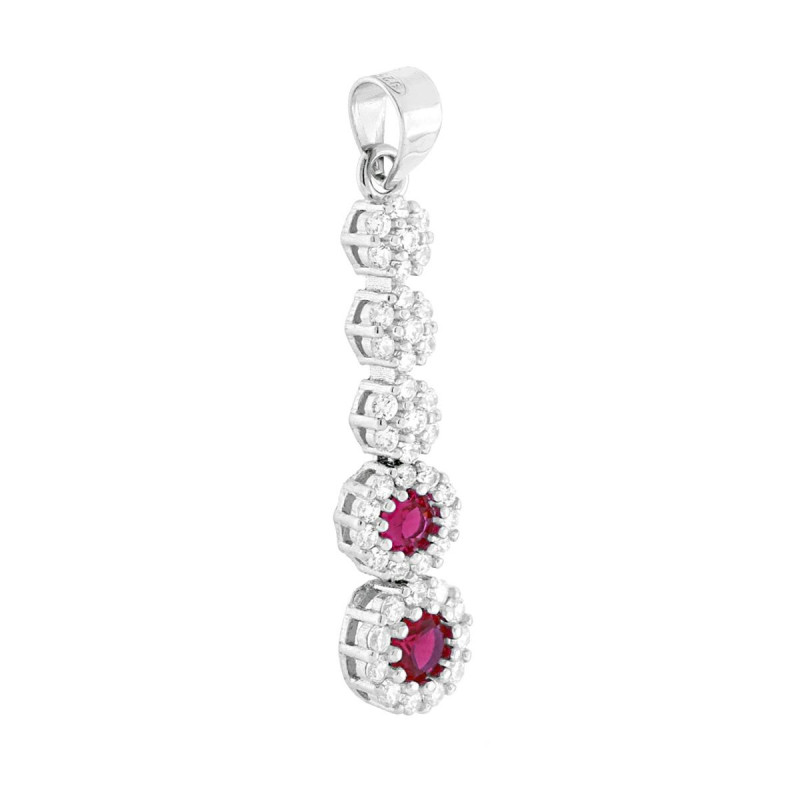CIONDOLO TENNIS FIORI CON TONDI ROSSO RUBINO CONTORNATI DA CUBIC ZIRCONIA BIANCHI IN ARGENTO 925 GALVANICA RODIO