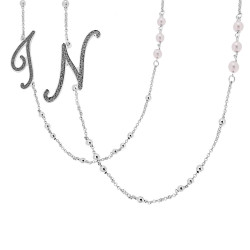 COLLANA CATENA ROLO CON PALLINE E PERLE BIANCHE CON LETTERA INIZIALE NOME GLITTER GRIGIO ACCIAIO E BRONZO