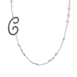 COLLANA CATENA ROLO CON PALLINE E PERLE BIANCHE CON LETTERA INIZIALE NOME GLITTER GRIGIO ACCIAIO E BRONZO