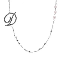 COLLANA CATENA ROLO CON PALLINE E PERLE BIANCHE CON LETTERA INIZIALE NOME GLITTER GRIGIO ACCIAIO E BRONZO