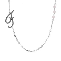 COLLANA CATENA ROLO CON PALLINE E PERLE BIANCHE CON LETTERA INIZIALE NOME GLITTER GRIGIO ACCIAIO E BRONZO