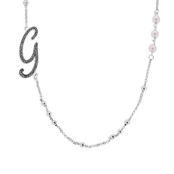 COLLANA CATENA ROLO CON PALLINE E PERLE BIANCHE CON LETTERA INIZIALE NOME GLITTER GRIGIO ACCIAIO E BRONZO