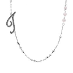 COLLANA CATENA ROLO CON PALLINE E PERLE BIANCHE CON LETTERA INIZIALE NOME GLITTER GRIGIO ACCIAIO E BRONZO
