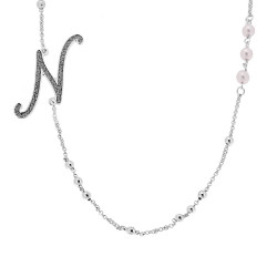 COLLANA CATENA ROLO CON PALLINE E PERLE BIANCHE CON LETTERA INIZIALE NOME GLITTER GRIGIO ACCIAIO E BRONZO
