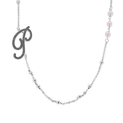 COLLANA CATENA ROLO CON PALLINE E PERLE BIANCHE CON LETTERA INIZIALE NOME GLITTER GRIGIO ACCIAIO E BRONZO