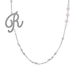 COLLANA CATENA ROLO CON PALLINE E PERLE BIANCHE CON LETTERA INIZIALE NOME GLITTER GRIGIO ACCIAIO E BRONZO