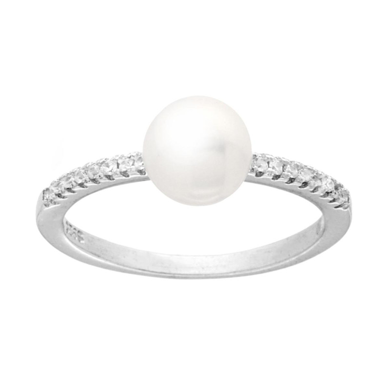 ANELLO VERETTA CON CUBIC ZIRCONIA BIANCHI E PERLA IN ARGENTO 925 GALVANICA RODIO