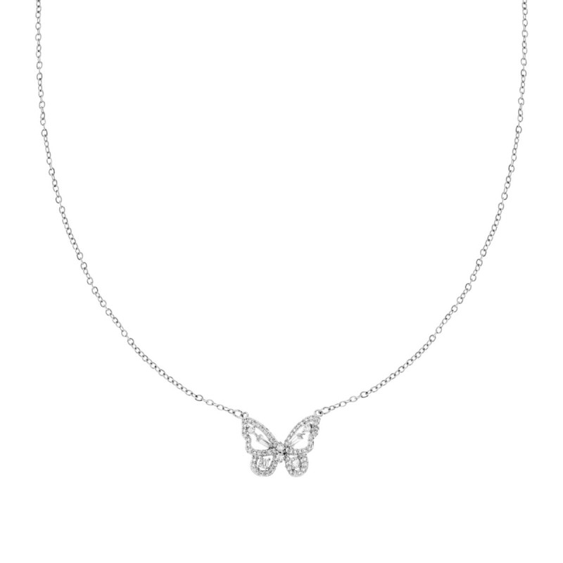 COLLANA CATENA FORZATINA CON FARFALLA E CUBIC ZIRCONIA BIANCHI IN ACCIAIO E OTTONE