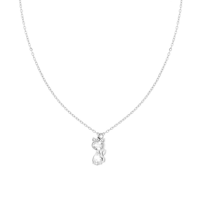 COLLANA CATENA FORZATINA CON GATTO E CRYSTAL BIANCHI IN ACCIAIO