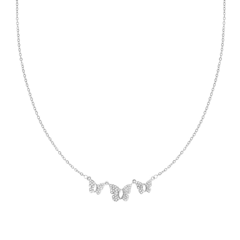 COLLANA CATENA FORZATINA CON TRE FARFALLE E CRYSTAL BIANCHI IN ACCIAIO E OTTONE